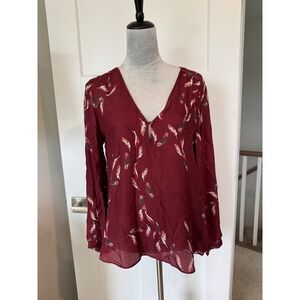 Massimo Dutti Burgundy Feather Print V-Neck Blouse NWT Boho Ethereal Whimsigoth